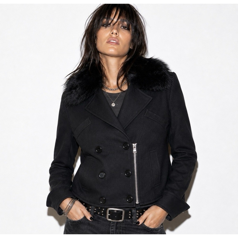 Jenni Kayne Y2k Wool Crop Peacoat Military Jacket XS Indie Sleaze Fox Fur Collar